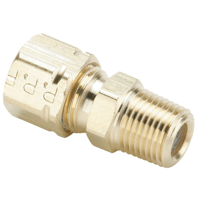 68CA-2-2 by Parker | Compress-Align® Fittings | 1/8" Tube Size Connector x 1/8" Male Pipe Thread x 5/16" Thread | 7/16" Hex | 1.01" Length | Straight | Brass | Pack of 25
