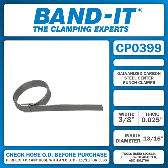 CP0399 by Band-It | Center Punch Clamp | 0.8125" ID | 3/8" Width | 0.025" Thickness | Galvanized Carbon Steel | 100/Box