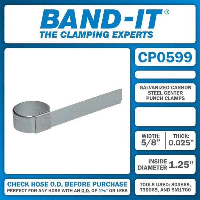 CP0599 by Band-It | Center Punch Clamp | 1.25" ID | 5/8" Width | 0.025" Thickness | Galvanized Carbon Steel | 100/Box