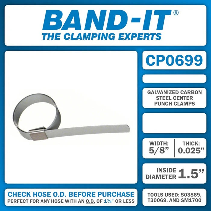 CP0699 by Band-It | Center Punch Clamp | 1.5" ID | 5/8" Width | 0.025" Thickness | Galvanized Carbon Steel | 100/Box