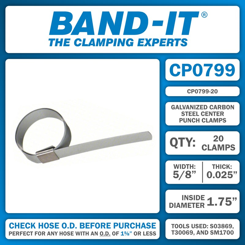 CP0799-20 by Band-It | Center Punch Clamp | 1.75" ID | 5/8" Width | 0.025" Thickness | Galvanized Carbon Steel | 20/Box