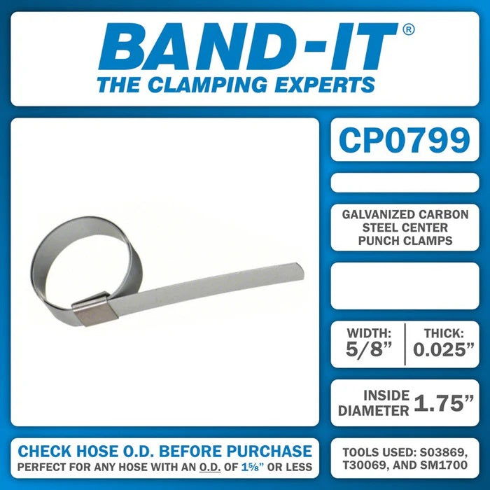 CP0799 by Band-It | Center Punch Clamp | 1.75" ID | 5/8" Width | 0.025" Thickness | Galvanized Carbon Steel | 100/Box