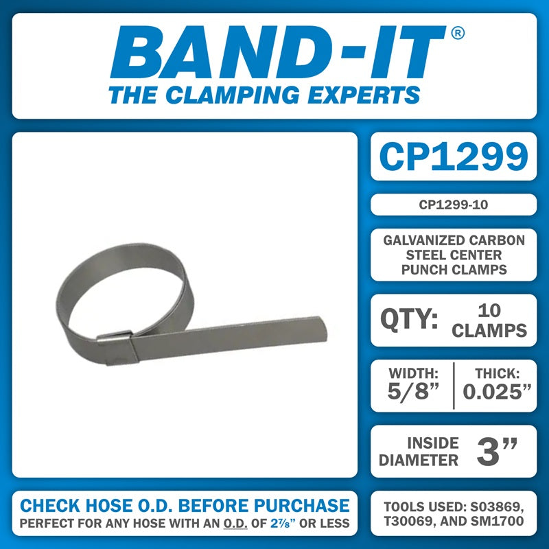 CP1299-10 by Band-It | Center Punch Clamp | 3" ID | 5/8" Width | 0.025" Thickness | Galvanized Carbon Steel | 10/Box
