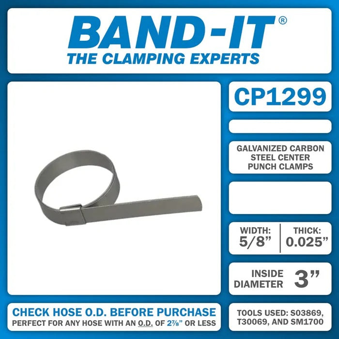 CP1299 by Band-It | Center Punch Clamp | 3" ID | 5/8" Width | 0.025" Thickness | Galvanized Carbon Steel | 50/Box