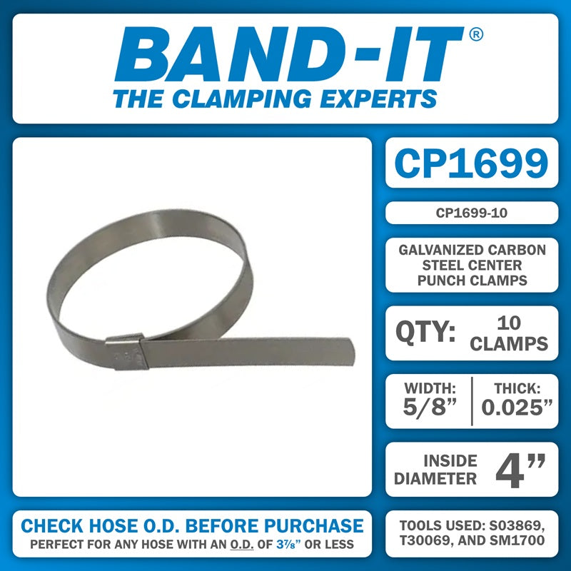 CP1699-10 by Band-It | Center Punch Clamp | 4" ID | 5/8" Width | 0.025" Thickness | Galvanized Carbon Steel | 10/Box