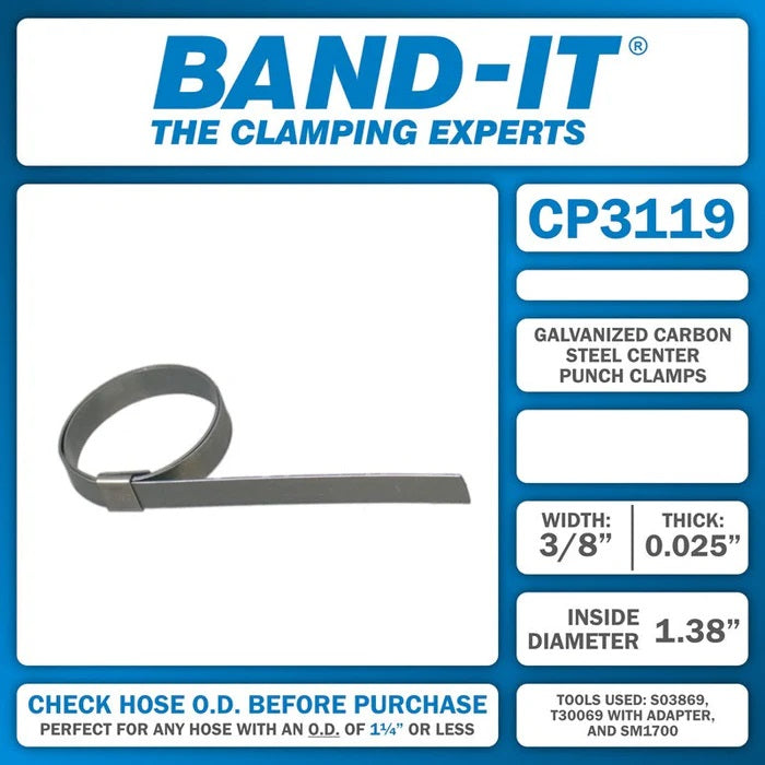 CP3119 by Band-It | Center Punch Clamp | 1.375" ID | 3/8" Width | 0.025" Thickness | Galvanized Carbon Steel | 100/Box