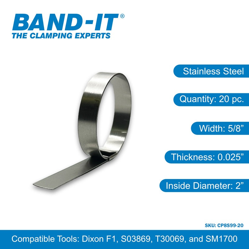 CP8S99-20 by Band-It | Center Punch Clamp | 2" ID | 5/8" Width | 0.025" Thickness | 201 Stainless Steel | 20/Box