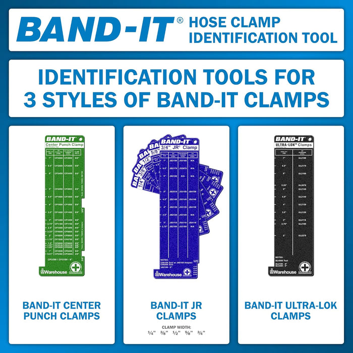 Hose Clamp Identification Tool Kit for Band-It Clamps | 7 Piece Set indicates the correct size for JR, Center Punch, and Ultra-Lok Clamps