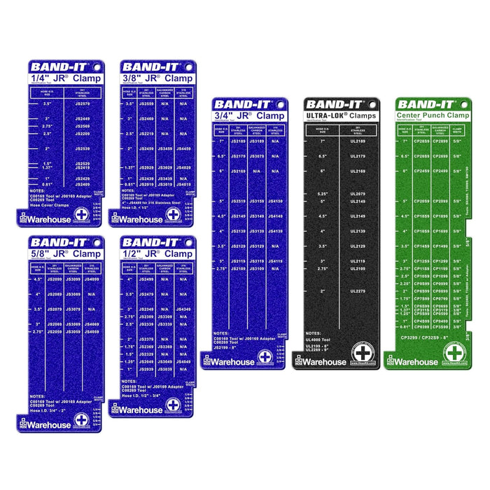 Hose Clamp Identification Tool Kit for Band-It Clamps | 7 Piece Set indicates the correct size for JR, Center Punch, and Ultra-Lok Clamps