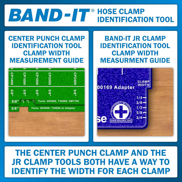 Hose Clamp Identification Tool Kit for Band-It Clamps | 7 Piece Set indicates the correct size for JR, Center Punch, and Ultra-Lok Clamps