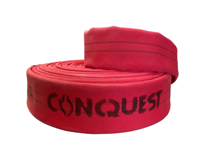 FC40x50R40S by Snap-Tite | CONQUEST Series | Double Jacket Polyester Fire Hose Assembly with Polyurethane Thru-the-Weave | 4" Hose I.D. with 4" Storzs | 300 PSI | Red Dura-Cote | 50ft Length