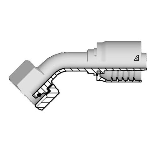 D-0620-FM4H Alfagomma by Kuriyama | D Series | One-Piece AlfaCrimp Hydraulic Hose Fitting | DIN 3865 Heavy | 45° Elbow | -06 Hose ID x M20 Female Metric O-Ring Swivel 24° Seat | Steel