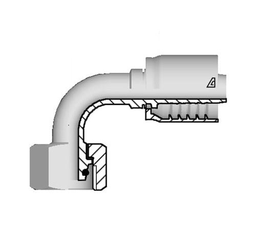 D-1642-FM9H Alfagomma by Kuriyama | D Series | One-Piece AlfaCrimp Hydraulic Hose Fitting | DIN 3865 Heavy | 90° Elbow | -16 Hose ID x M42 Female Metric O-Ring Swivel 24° Seat | Steel