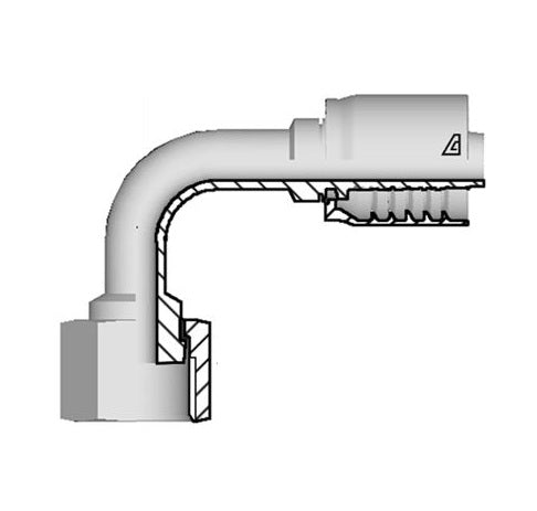 D-0606-FO9M Alfagomma by Kuriyama | D Series | One-Piece AlfaCrimp Hydraulic Hose Fitting | 90° Elbow | Medium Drop | ISO 12151-1 | -06 Hose ID x -06 Female O-Ring Face Seal | Steel