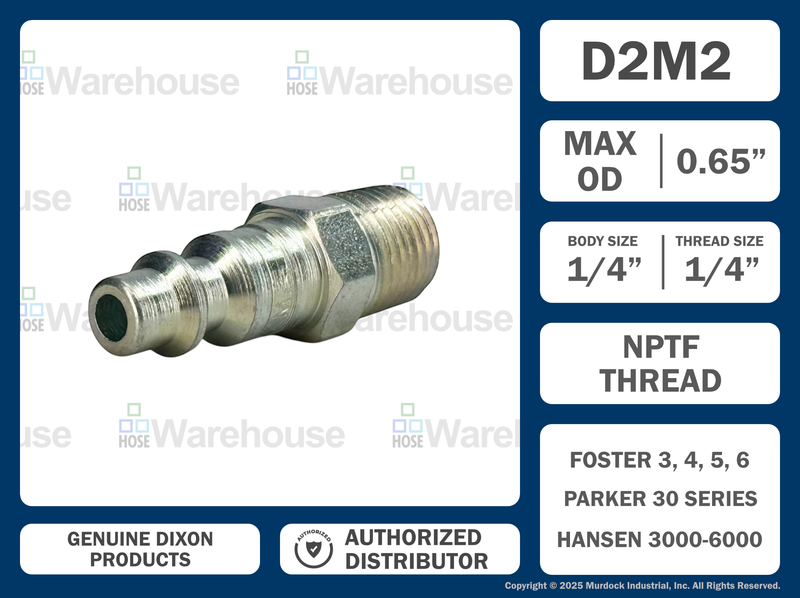 D2M2 by Dixon Valve | Pneumatic Quick Disconnect Coupling | DF-Series | 1/4" Male NPTF x 1/4" Industrial Interchange | Plug | Steel