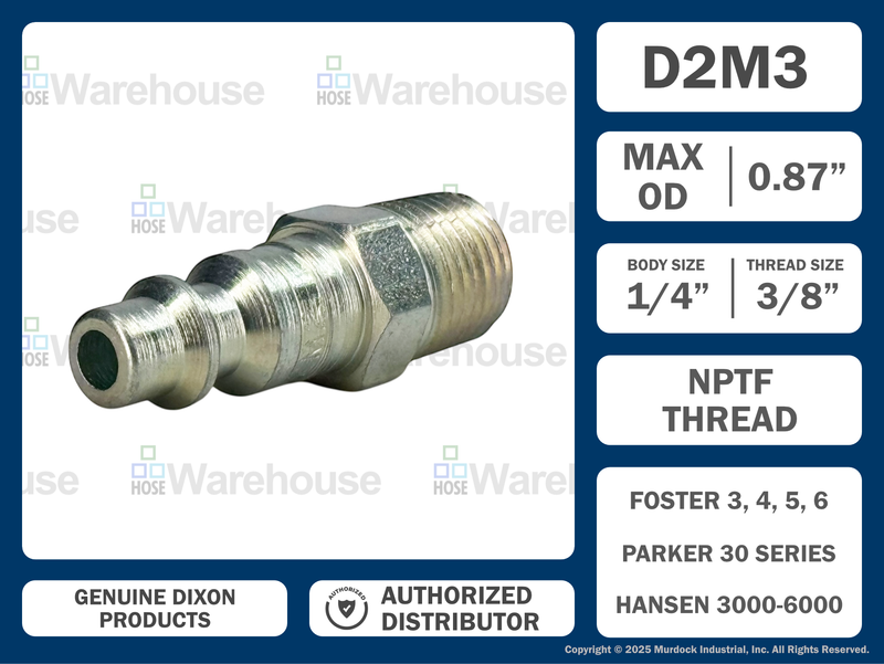 D2M3 by Dixon Valve | Pneumatic Quick Disconnect Coupling | DF-Series | 3/8" Male NPTF x 1/4" Industrial Interchange | Plug | Steel