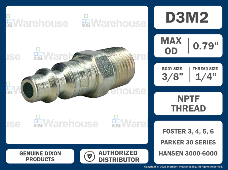 D3M2 by Dixon Valve | Pneumatic Quick Disconnect Coupling | DF-Series | 1/4" Male NPTF x 3/8" Industrial Interchange | Plug | Steel