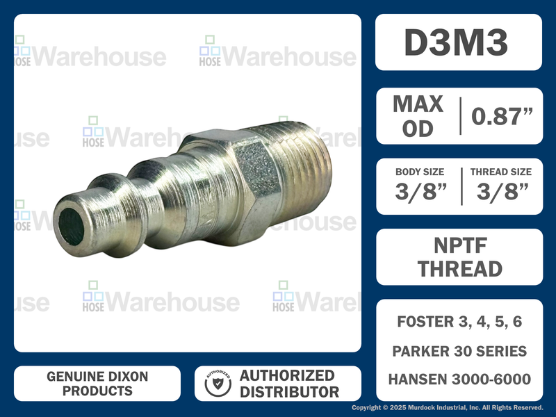 D3M3 by Dixon Valve | Pneumatic Quick Disconnect Coupling | DF-Series | 3/8" Male NPTF x 3/8" Industrial Interchange | Plug | Steel