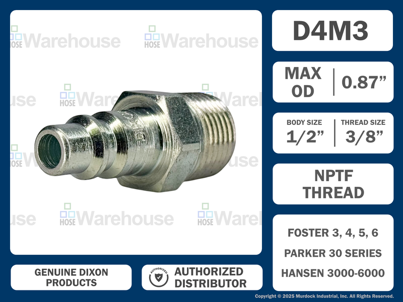 D4M3 by Dixon Valve | Pneumatic Quick Disconnect Coupling | DF-Series | 3/8" Male NPTF x 1/2" Industrial Interchange | Plug | Steel