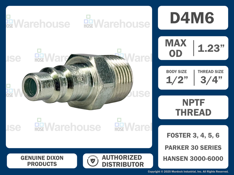 D4M6 by Dixon Valve | Pneumatic Quick Disconnect Coupling | DF-Series | 3/4" Male NPTF x 1/2" Industrial Interchange | Plug | Steel
