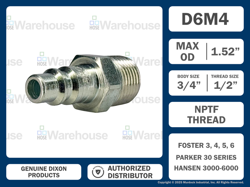 D6M4 by Dixon Valve | Pneumatic Quick Disconnect Coupling | DF-Series | 1/2" Male NPTF x 3/4" Industrial Interchange | Plug | Steel