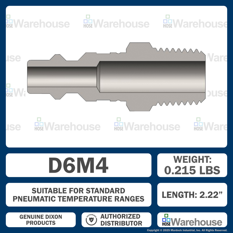 D6M4 by Dixon Valve | Pneumatic Quick Disconnect Coupling | DF-Series | 1/2" Male NPTF x 3/4" Industrial Interchange | Plug | Steel