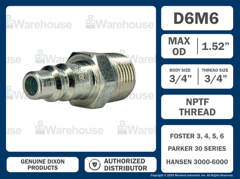D6M6 by Dixon Valve | Pneumatic Quick Disconnect Coupling | DF-Series | 3/4" Male NPTF x 3/4" Industrial Interchange | Plug | Steel