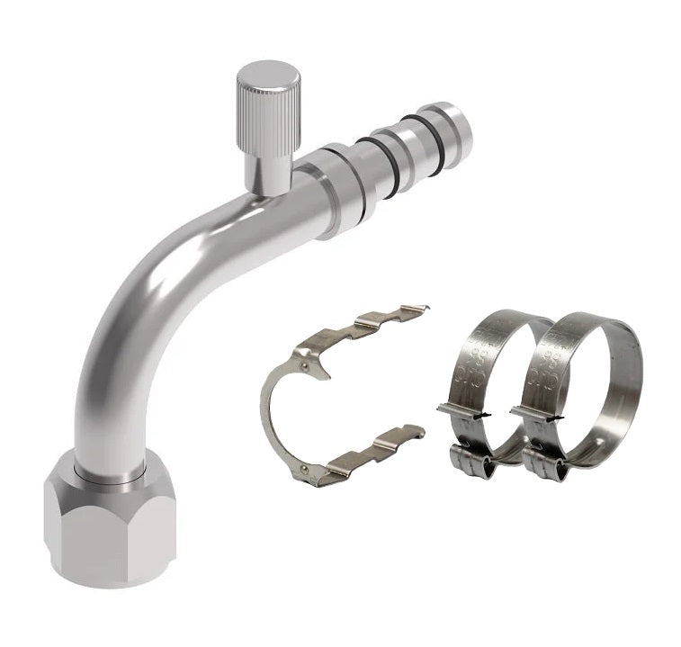 FF14194 Aeroquip by Danfoss | EZ Clip System Fitting Kit | Includes FJ3012-02-1010S Female O-Ring Short Pilot (R134a Low Side Port) 90° Elbow Fitting with FF14173 Clip & Cage Kit