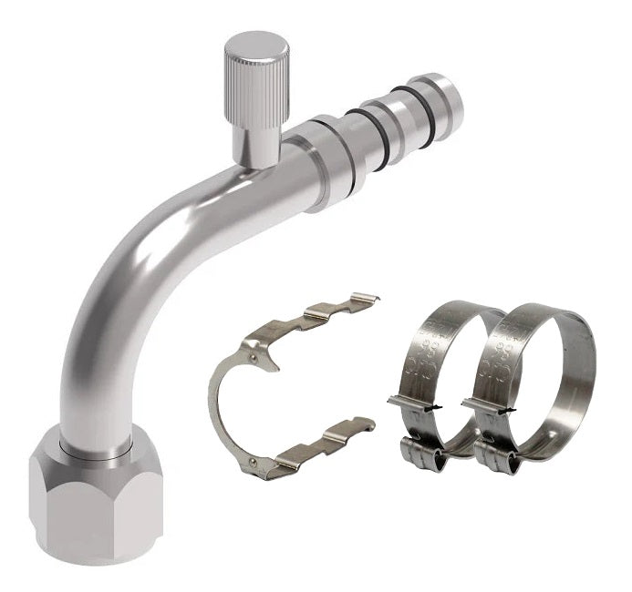 FF14260 Aeroquip by Danfoss | EZ Clip System Fitting Kit | Includes  FJ3013-02-0606S Female O-Ring Short Pilot (R134a High Side Port) 90° Elbow Fitting with FF14171 Clip & Cage Kit