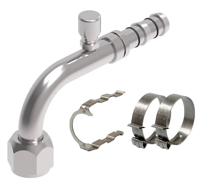 FF14381 Aeroquip by Danfoss | EZ Clip System Fitting Kit | Includes FJ3289-02-1010S Female O-Ring (Long Pilot) (Charge Port 7/16-20 thd) 90° Elbow Fitting with FF14173 Clip & Cage Kit