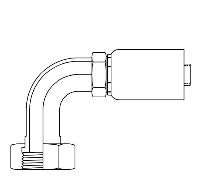 FJ9483-0606S Synflex by Danfoss | Polyon Swage Hose Fitting | Long Drop 90° Elbow | -06 Female O-Ring Face Seal Swivel x -06 Hose Barb | Carbon Steel