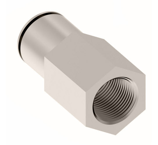 1166X10MX4PP by Danfoss | Metric Push to Connect Adapter | Female Connector | 10mm Tube OD x 1/4" Female BSPP | Nickel Plated Brass