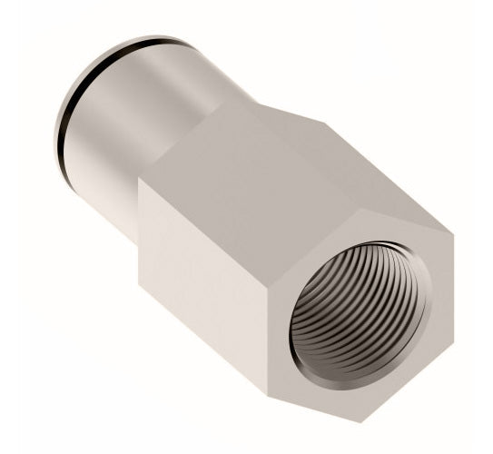 1166X6MX4PP by Danfoss | Metric Push to Connect Adapter | Female Connector | 6mm Tube OD x 1/4" Female BSPP | Nickel Plated Brass