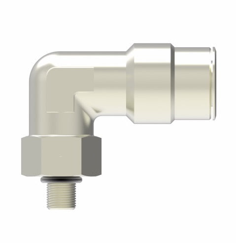 1169X5MX5MMS by Danfoss | Metric Push to Connect Adapter | Swivel Male 90° Elbow | 5mm Tube OD x M5 Male Metric | Nickel Plated Brass