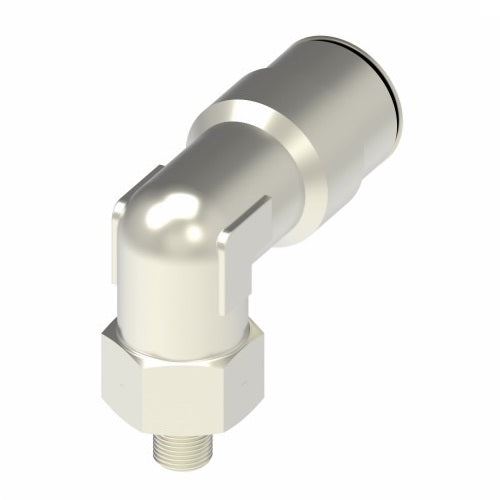 1169X5MX5MMS by Danfoss | Metric Push to Connect Adapter | Swivel Male 90° Elbow | 5mm Tube OD x M5 Male Metric | Nickel Plated Brass