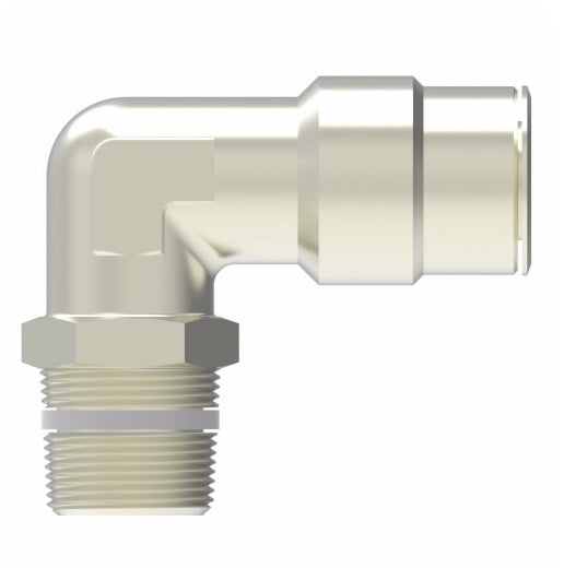 1169X10MX4PTS by Danfoss | Metric Push to Connect Adapter | Swivel Male Connector 90° Elbow (Universal BSPT/BSPP) | 10mm Tube OD x 1/4" Male BSPT | Nickel Plated Brass