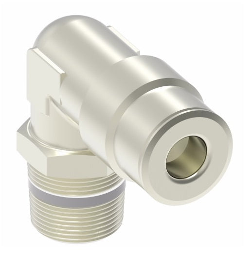 1169X10MX8PTS by Danfoss | Metric Push to Connect Adapter | Swivel Male Connector 90° Elbow (Universal BSPT/BSPP) | 10mm Tube OD x 1/2" Male BSPT | Nickel Plated Brass