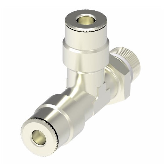 1171PX4X6S by Danfoss | Push to Connect Plus Adapter | Swivel Male Run Tee | 1/4" Tube OD x 3/8" Male Pipe x 1/4" Tube OD | Nickel Plated Brass