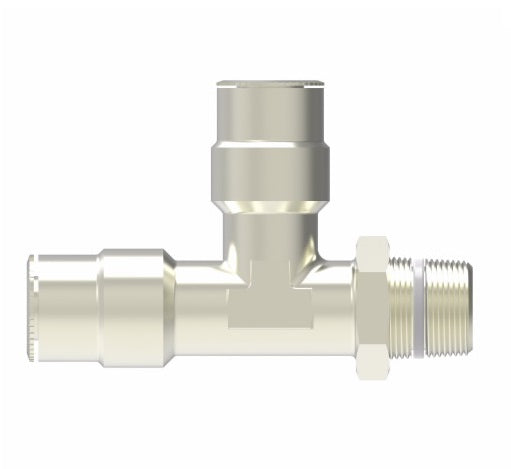 1171X10MX4PTS by Danfoss | Metric Push to Connect Adapter | Swivel Male Run Tee (Universal BSPT/BSPP) | 10mm Tube OD x 1/4" Male BSPT x 10mm Tube OD | Nickel Plated Brass