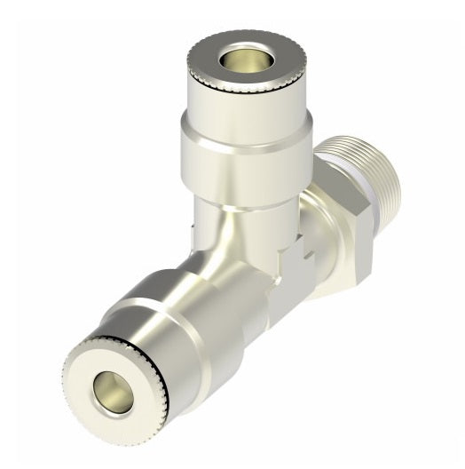 1171X10MX4PTS by Danfoss | Metric Push to Connect Adapter | Swivel Male Run Tee (Universal BSPT/BSPP) | 10mm Tube OD x 1/4" Male BSPT x 10mm Tube OD | Nickel Plated Brass