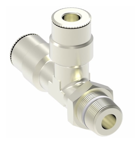1171X12MX6PTS by Danfoss | Metric Push to Connect Adapter | Swivel Male Run Tee (Universal BSPT/BSPP) | 12mm Tube OD x 3/8" Male BSPT x 12mm Tube OD | Nickel Plated Brass