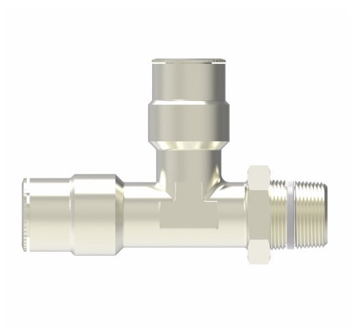 1171X2AS by Danfoss | Push to Connect Adapter | Swivel Male Run Tee | 1/8" Tube OD x 10-32 Male UNF x 1/8" Tube OD | Nickel Plated Brass