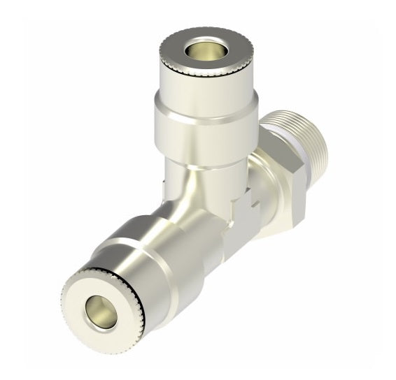 1171X2AS by Danfoss | Push to Connect Adapter | Swivel Male Run Tee | 1/8" Tube OD x 10-32 Male UNF x 1/8" Tube OD | Nickel Plated Brass