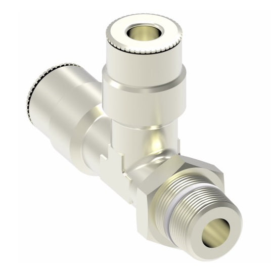1171X2.5X4S by Danfoss | Push to Connect Adapter | Swivel Male Run Tee | 5/32" Tube OD x 1/4" Male UNF x 5/32" Tube OD | Nickel Plated Brass