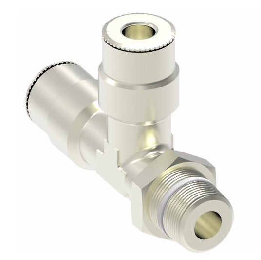1171X4X6S by Danfoss | Push to Connect Adapter | Swivel Male Run Tee | 1/4" Tube OD x 3/8" Male NPTF x 1/4" Tube OD | Nickel Plated Brass