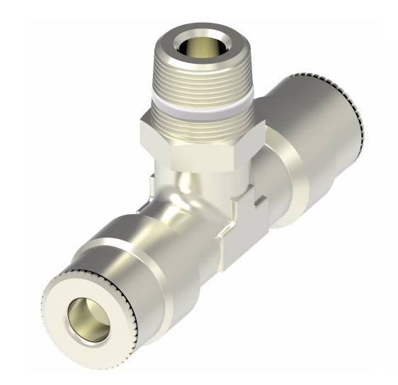 1172X4MX5MMS by Danfoss | Metric Push to Connect Adapter | Swivel Male Branch Tee | 4mm Tube OD x 4mm Tube OD x M5 Male Metric Swivel | Nickel Plated Brass