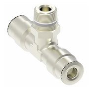 1172X12MX8PTS by Danfoss | Metric Push to Connect Adapter | Swivel Male Branch Tee (Universal BSPT/BSPP) | 12mm Tube OD x 12mm Tube OD x 1/2" Male BSPT Swivel | Nickel Plated Brass