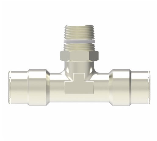 1172X12MX6PTS by Danfoss | Metric Push to Connect Adapter | Swivel Male Branch Tee (Universal BSPT/BSPP) | 12mm Tube OD x 12mm Tube OD x 3/8" Male BSPT Swivel | Nickel Plated Brass