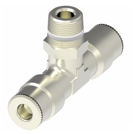 1172X8MX6PTS by Danfoss | Metric Push to Connect Adapter | Swivel Male Branch Tee (Universal BSPT/BSPP) | 8mm Tube OD x 8mm Tube OD x 3/8" Male BSPT Swivel | Nickel Plated Brass