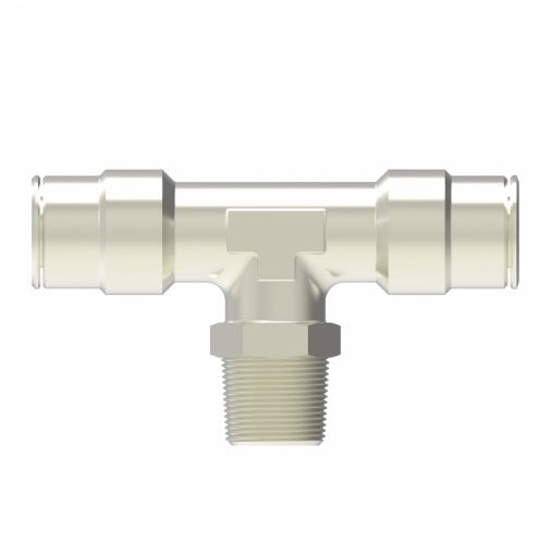 1172X6X6S by Danfoss | Push to Connect Adapter | Swivel Male Branch Tee | 3/8" Tube OD x 3/8" Tube OD x 3/8" Male NPTF | Nickel Plated Brass